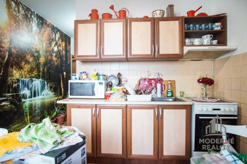 A kitchen in a 2-room apartment with a waterfall wall decoration, cabinets, and appliances.