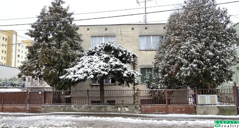 A family house in Trnava covered with snow, surrounded by trees, opposite apartment buildings.