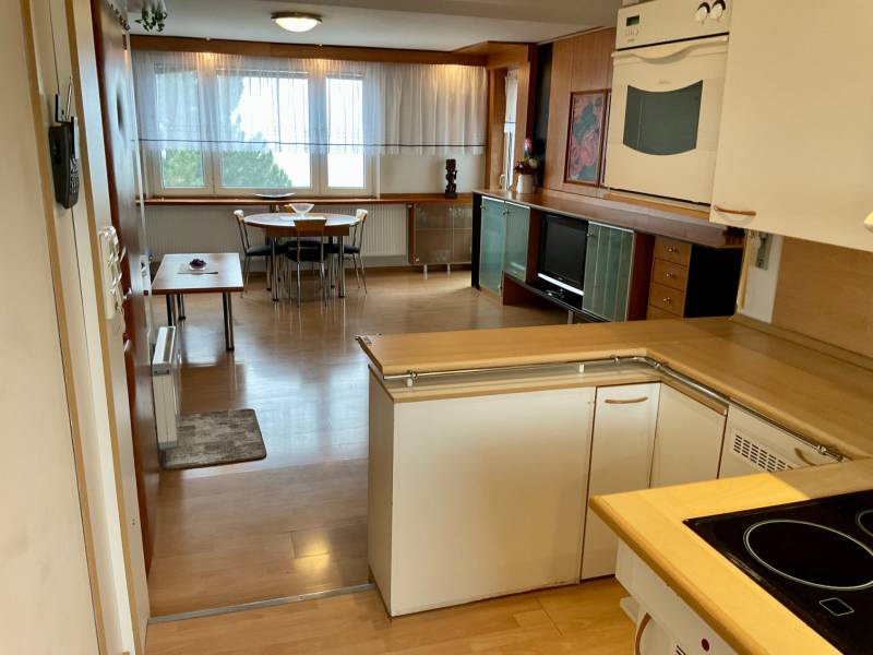 Kitchen and dining room in a 3-room apartment with wood-patterned flooring.