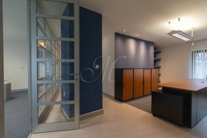 Office space with glass doors, a blue wall, and wooden furniture.