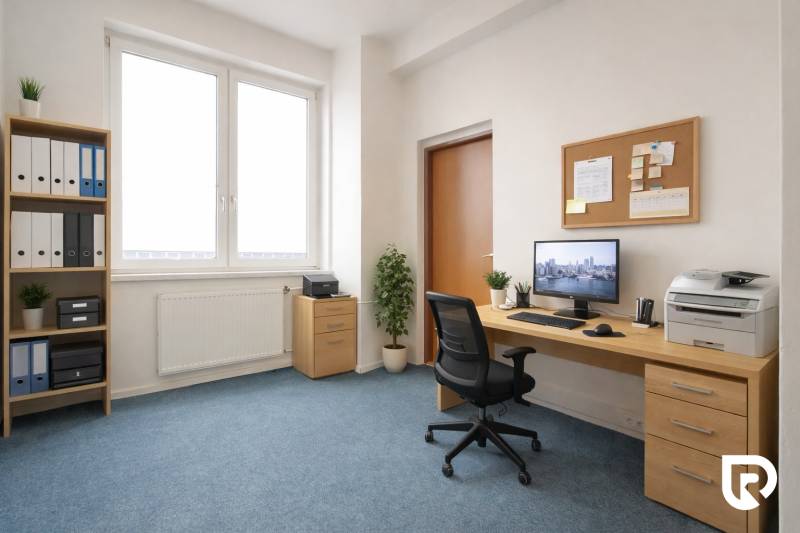 Offices with a desk, computer, and a shelf with documents on a light carpet.