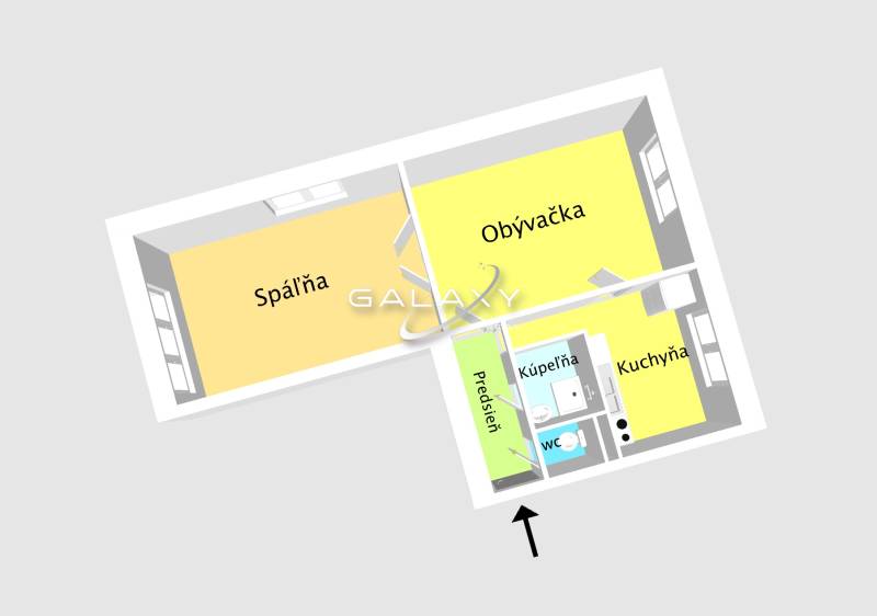 2-room apartment with a hallway, living room, bedroom, kitchen, bathroom, and toilet.