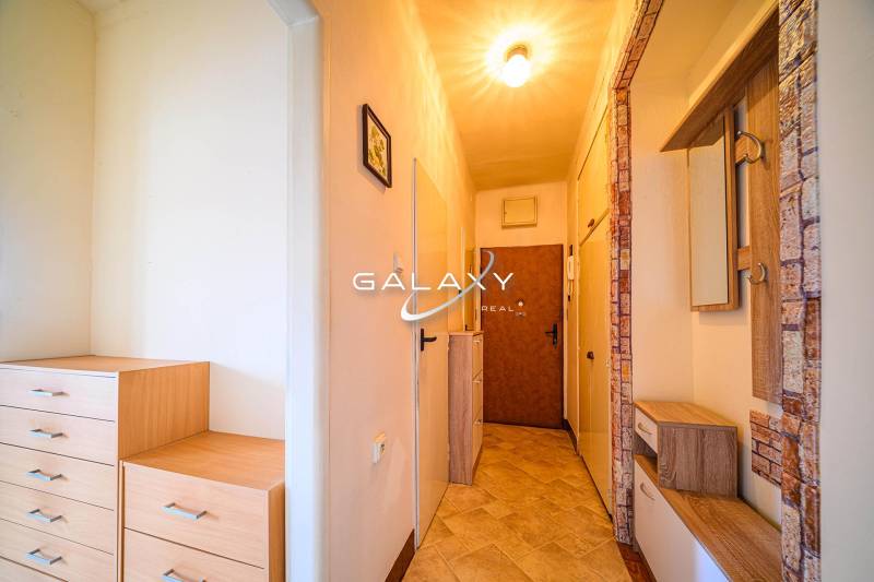 A hallway in a 2-room apartment with furniture and decorative wall cladding.