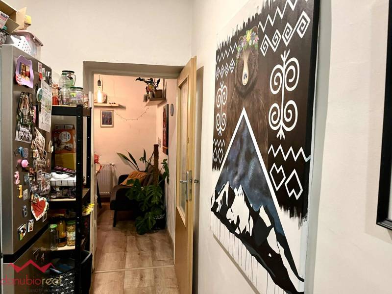 Family house with a hallway, a picture of a bear, and a storage space with various decorations.