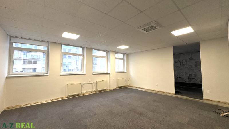 Carpeted offices, large windows, white walls, ceiling lighting.
