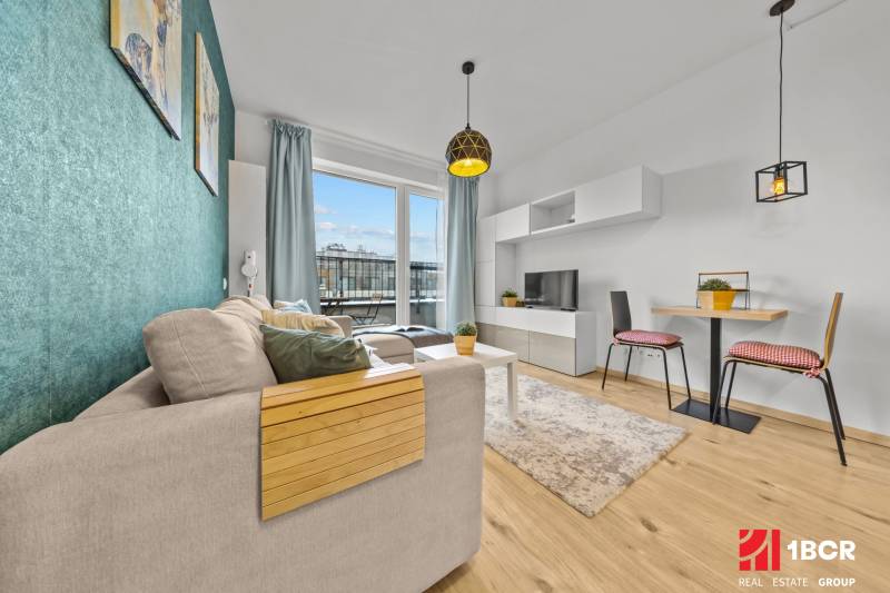 A bright living room with a sofa, dining table, and wood-patterned flooring in a studio apartment.
