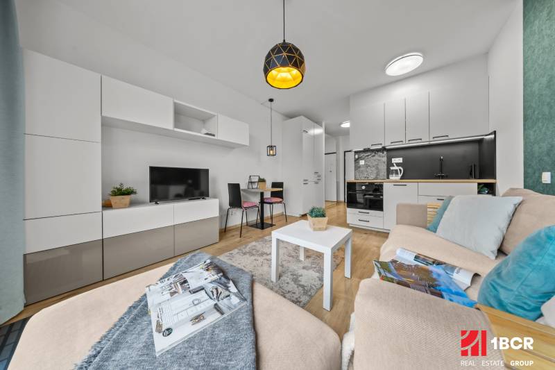 1-room apartment with light furniture, wood-decor flooring, and a living room wall unit.