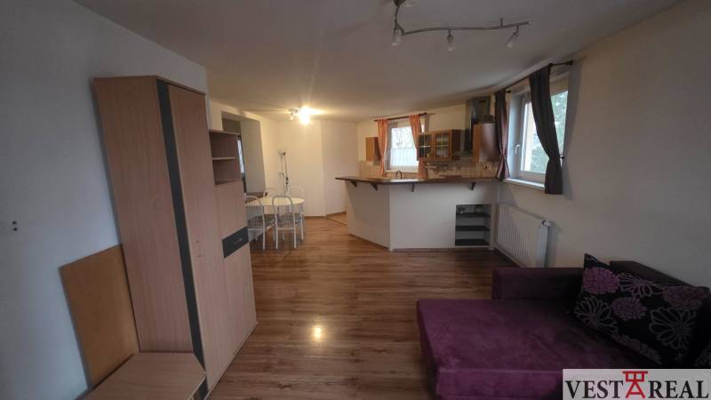 Living room in a 3-room apartment with a kitchen, dining table, and wooden decor flooring.