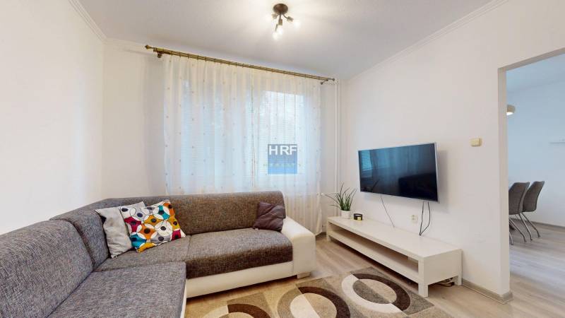 Living room in a two-room apartment with a sofa, television, and wooden decor flooring.