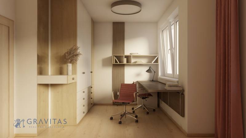 A workspace in a 2-room apartment with a wooden decor floor, a desk, a chair.