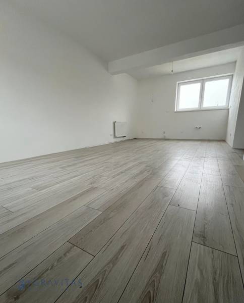 A spacious room in a 2-room apartment with a wooden decor floor and a light interior.