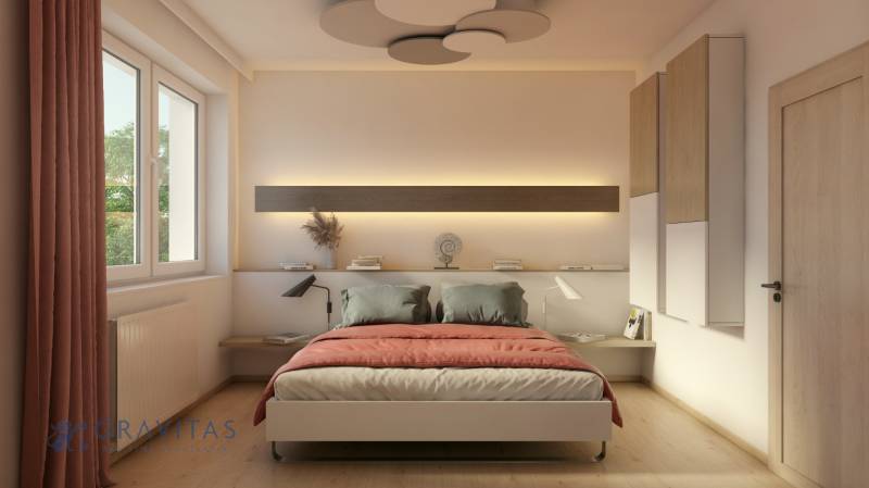 Bedroom in a 2-room apartment with a bed, wooden decor, and modern lighting.