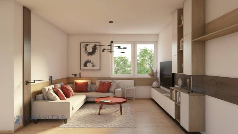 Living room with a sofa, table, and shelves in a 2-room apartment with a wooden decor floor.