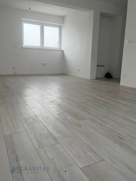 A bright room in a 2-room apartment with a wood-patterned floor and a large window.