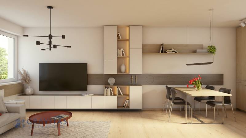 Living room in a two-room apartment with wooden decor flooring, a large TV, and a dining table.