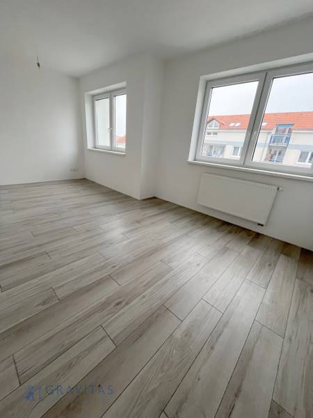 A bright room with wood-patterned flooring and large windows in a 2-room apartment.
