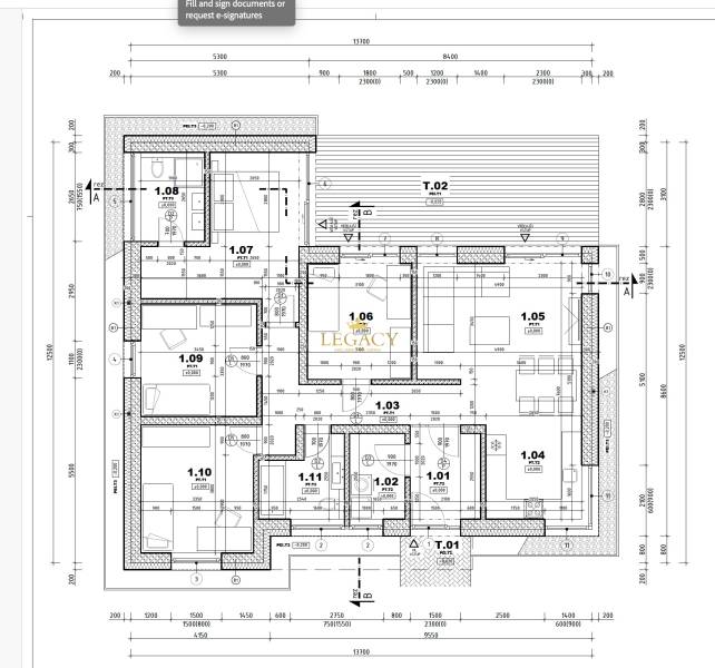 Floor plan of a family house with room layout and dimensions.