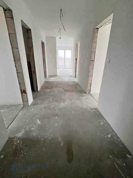 The interior of an unfinished 3-room apartment with an empty hallway and a basic floor.