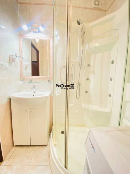 Bathroom with a corner shower, sink, and washing machine in a 2-room apartment.