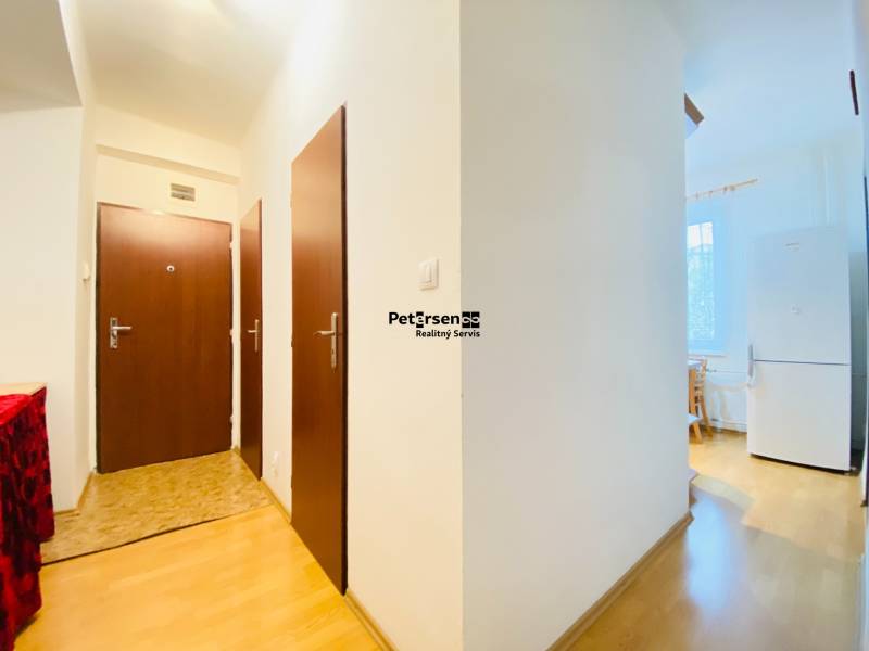 Entrance hall in a 2-room apartment with a wooden decor floor.