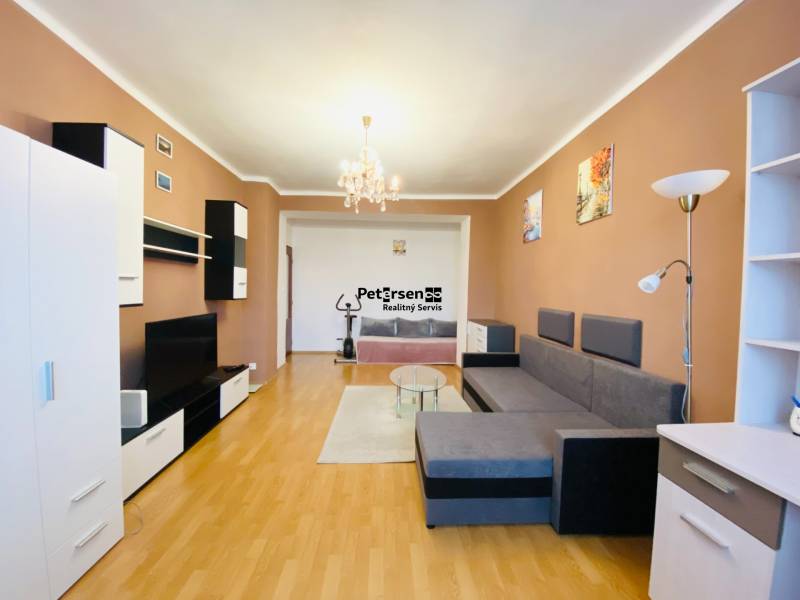 Living room in a two-room apartment with a wooden decor floor, a sofa, and a television.