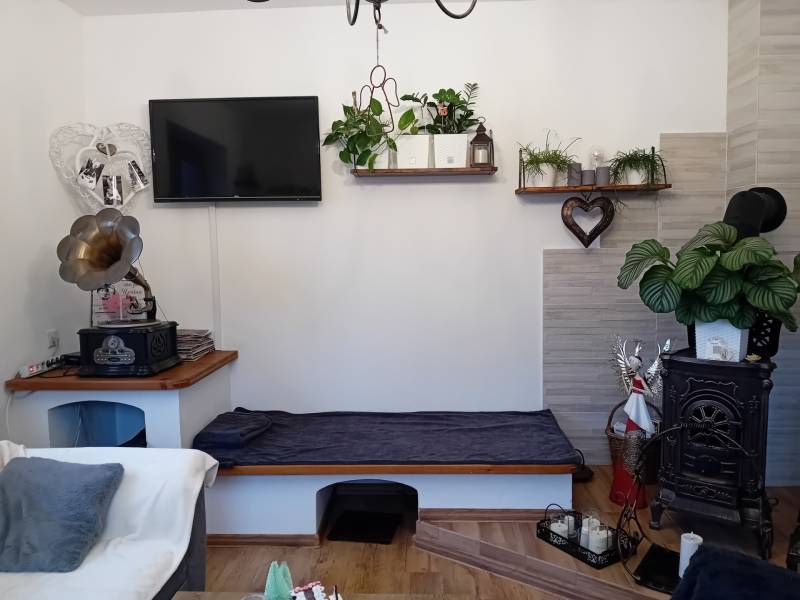 Interior of a family house with a fireplace, a gramophone, and decorations on a floor with a wooden decor.