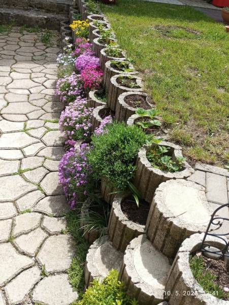 A flower bed along the pavement by a family house in Vršatské Podhradie.