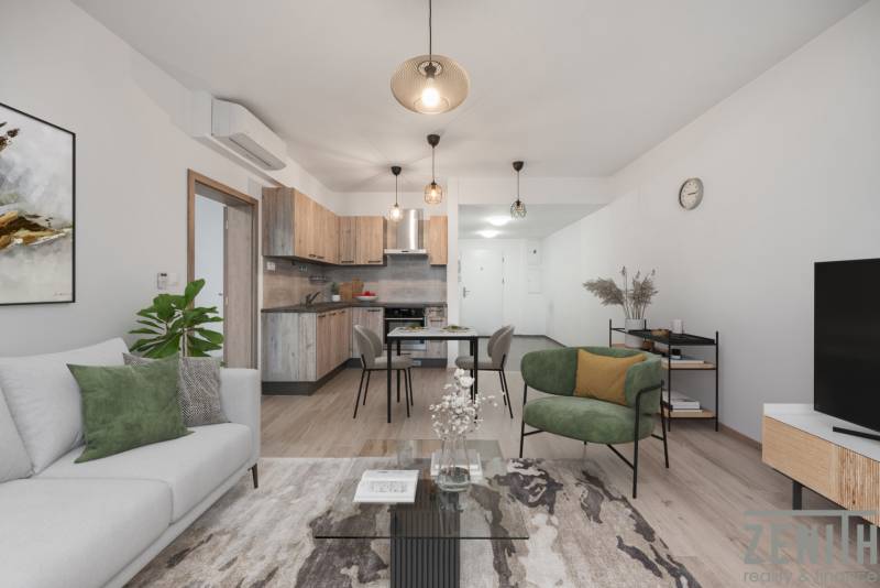 Living room with a kitchenette in a 2-room apartment with a wooden decor floor and comfortable seating.