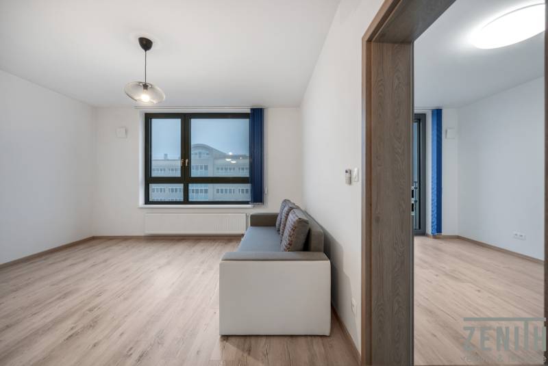 Living room with a sofa, large window, and wooden decor flooring in a 2-room apartment.