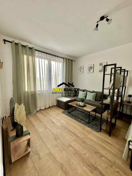 Interior of a 1-bedroom apartment with a sofa, table, and floor with wooden decor.