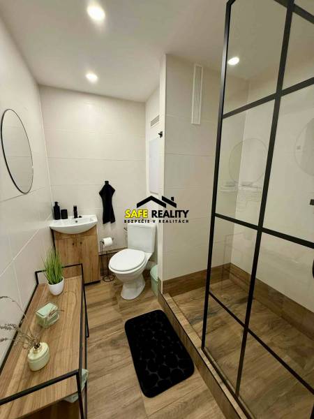 Bathroom in a studio apartment with wood-patterned flooring and a shower corner.