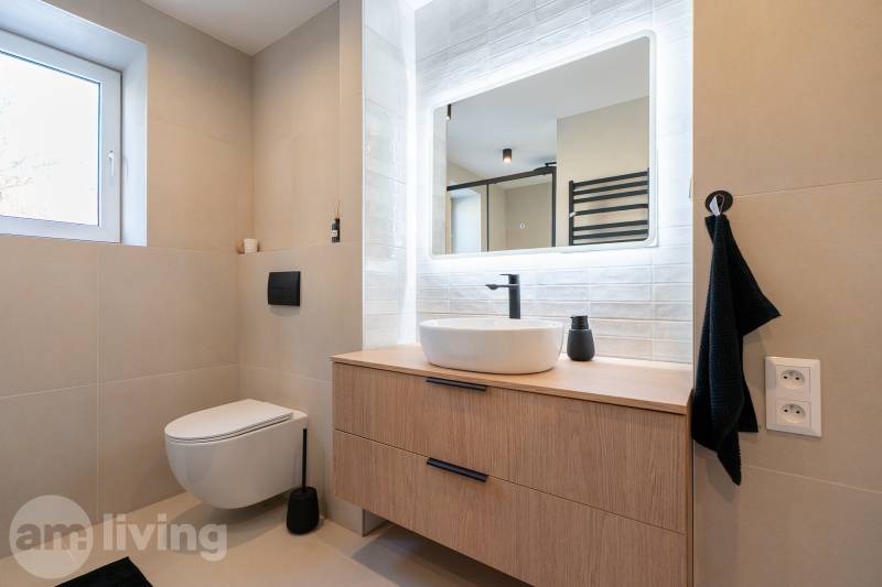 Bathroom in a 3-room apartment with a sink, mirror, and wall-mounted toilet.