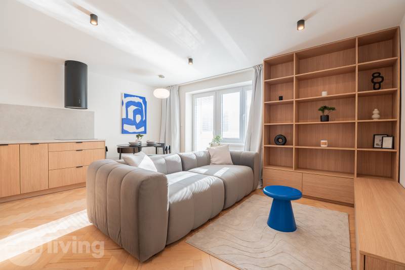A bright living room in a 3-room apartment with a sofa, wooden decor, and blue accessories.