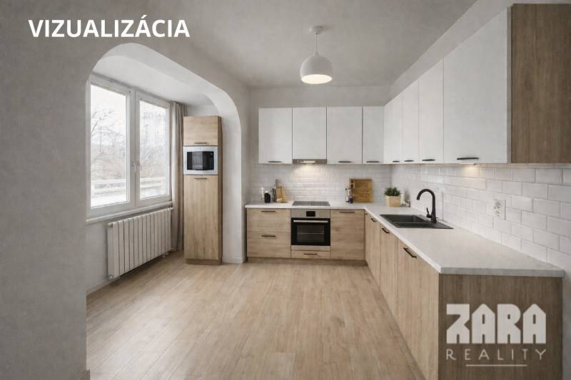 A kitchen in a 3-room apartment with a wood-patterned floor and built-in appliances.