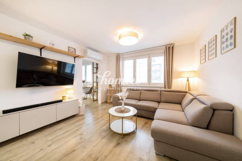 Living room in a two-room apartment with a comfortable sofa and a wooden decor floor.