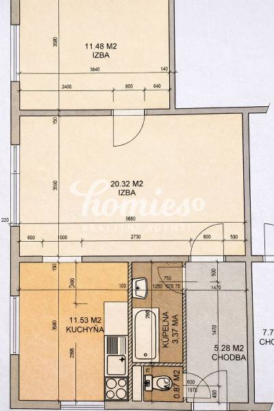 Floor plan of a 2-room apartment with a kitchen, bathroom, and hallway in Nitra.