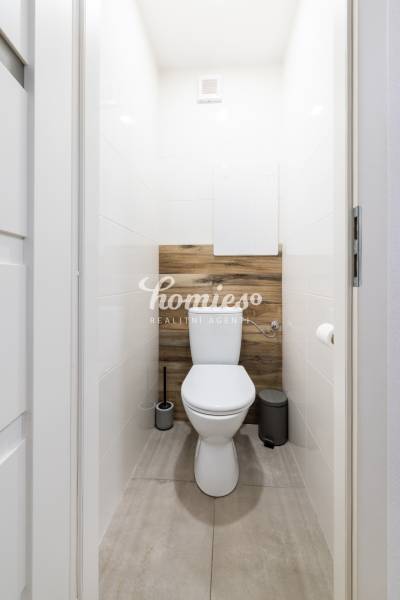 A bathroom in a 2-room apartment with a wooden decor floor.