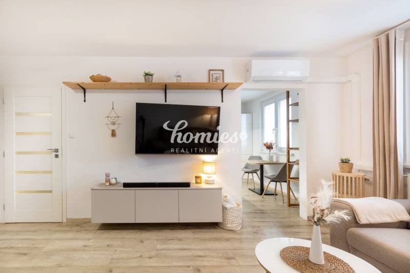 Living room in a two-room apartment with a television, wooden decor flooring.