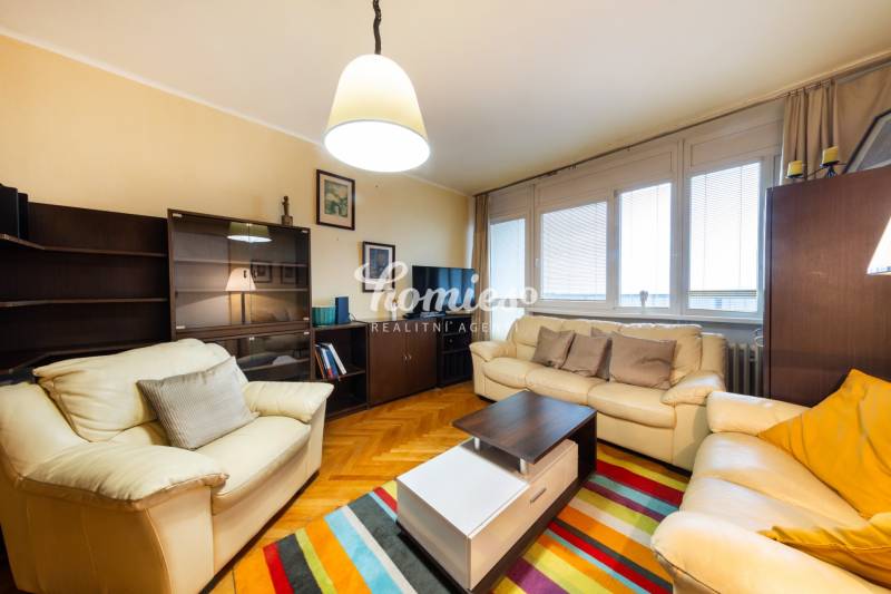 Living room in a 3-room apartment with sofas, a colorful carpet, and a wooden decor floor.