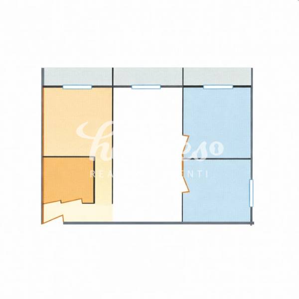 Color floor plan of a 3-room apartment with various rooms and entrances.