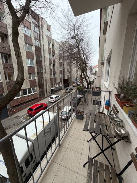 The balcony of a 2-room apartment on Panenská Street in Bratislava - Old Town, view of the street.