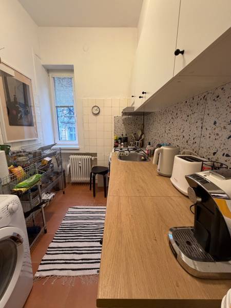 Kitchen in a 2-room apartment with a wooden decor floor, a washing machine, and a coffee maker.