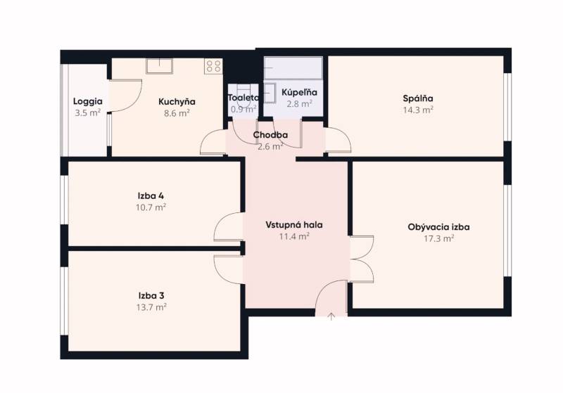 Floor plan of a 4-room apartment with a kitchen, bathroom, and loggia, suitable for a family.