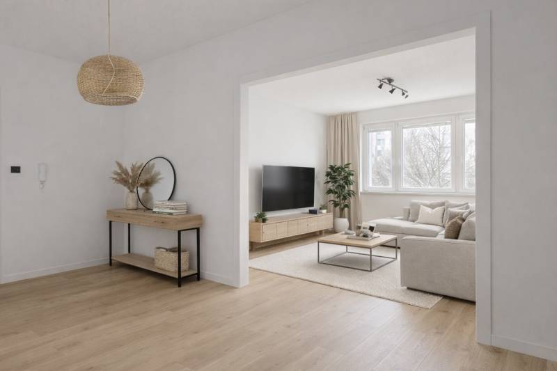 A bright living room with a sofa set, wood-patterned flooring, and a television in a four-room apartment.