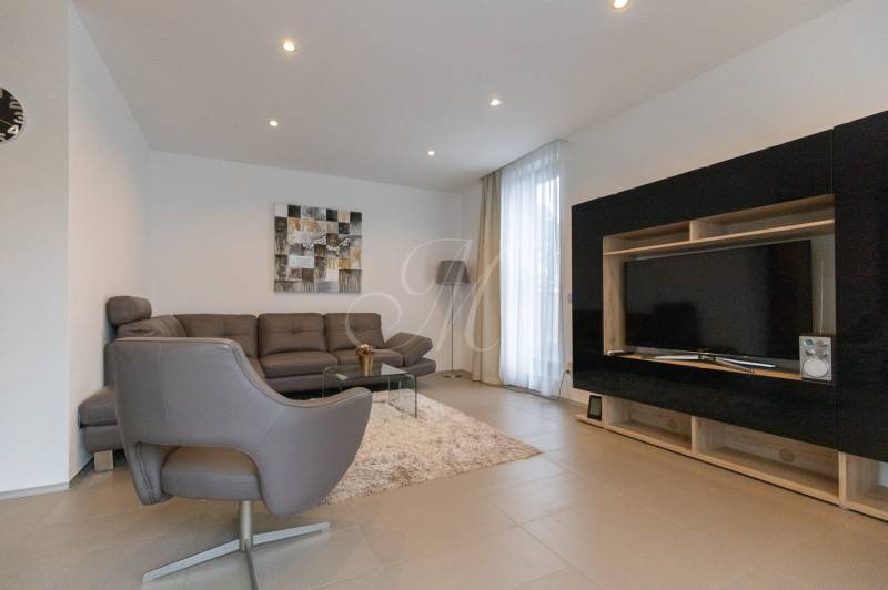 Living room of a two-room apartment with a sofa, armchair, table, television, and carpet.