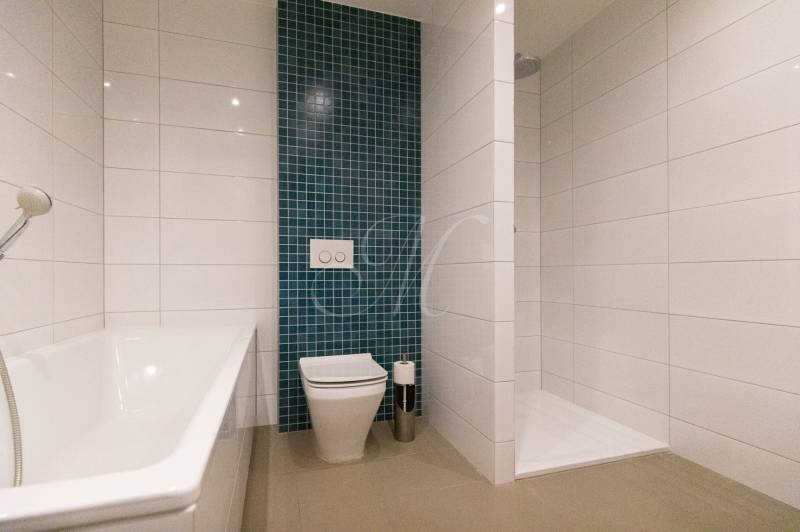 Bathroom with a shower and a bathtub in a 2-room apartment.