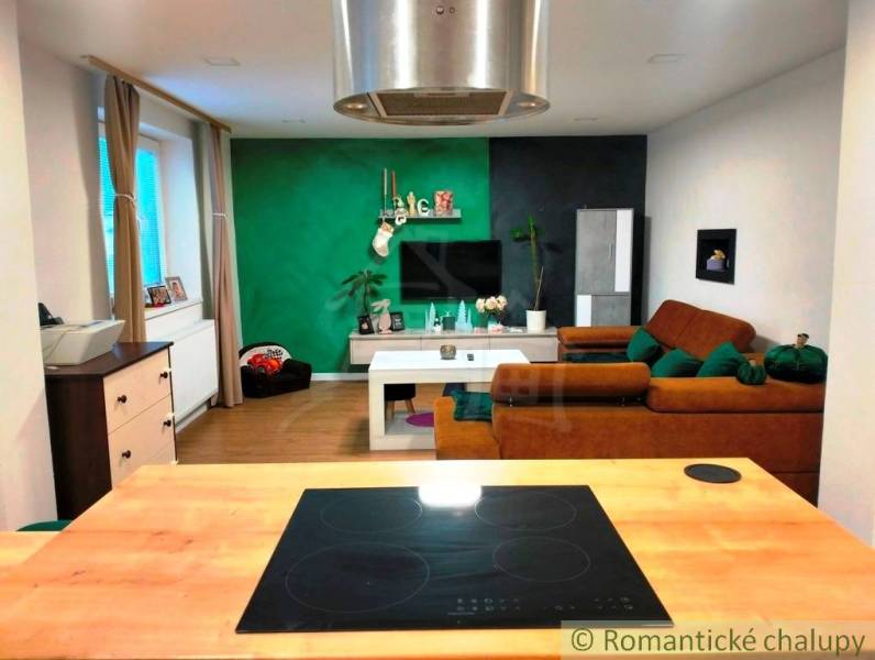 Interior of a family house with wooden floor decor, a brown sofa, and a green wall.