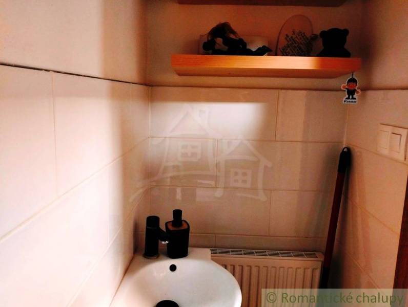 A small bathroom with a sink, a shelf, and decoration in a family house.