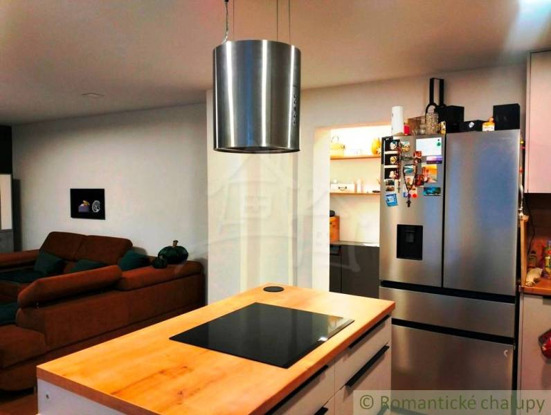 A kitchen in a family house with a cooktop, a sofa, and a stainless steel refrigerator.