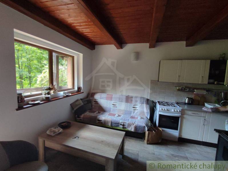 Living room with a sofa, kitchenette, and wooden decor flooring in a family house.
